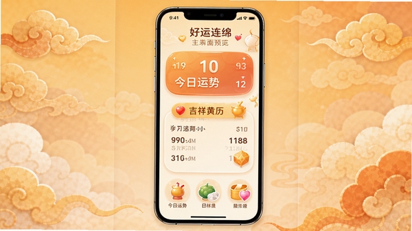 好运连绵软件主界面预览图，展示清新雅致的UI设计，背景为暖色调祥云图案，中央显示今日运势与吉祥黄历信息，界面布局简洁，图标圆润，整体风格温馨祥和，适配手机竖屏显示