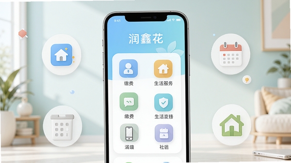润鑫花生活服务应用主界面预览图，展示首页功能图标布局，背景为现代简约风格，色彩柔和明亮，突出软件名称润鑫花，主体为手机屏幕界面，周围配以生活元素如缴费、日历、社区图标，整体风格清晰友好