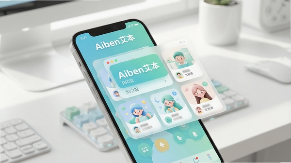 Aiben艾本主界面展示,悬浮窗卡片式布局,背景为现代简约风格的手机操作台场景,明亮柔和的光线,色彩清新,突出软件名称Aiben艾本,整体画面干净通透,渲染质感细腻