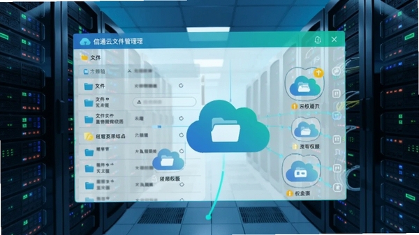 信通云文件管理界面概念图，展示文件夹列表与权限标识，背景为数据服务器机房，主体为云端文件图标，蓝绿色调，科技感强