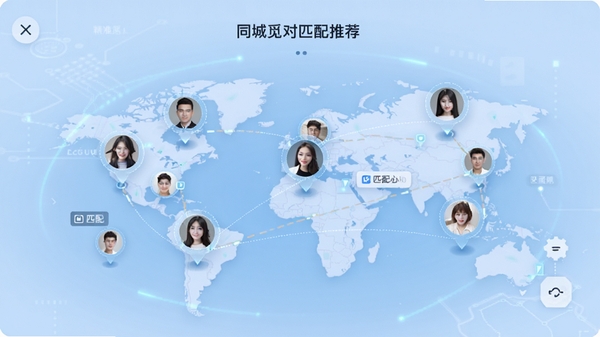 同城觅对匹配界面，地图上显示多个用户头像位置，连接线表示匹配关系，背景为淡蓝色科技感风格，突出精准定位与智能推荐，画面主体为地图与头像的融合展示，适配Boogu模型生成