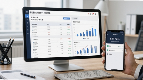 鑫运拉运费结算与对账功能界面，展示账单列表和统计图表，背景为办公室桌面，手机屏幕显示金额数据，风格写实，突出财务管理的便捷