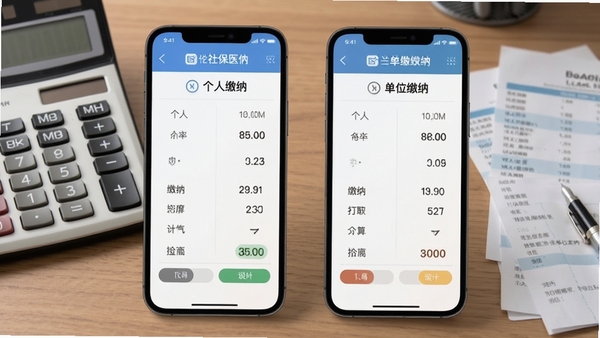 社保医保手机计算双视角测算功能演示，手机屏幕左右分屏显示个人缴纳与单位缴纳两种计算结果，背景为办公桌面计算器与工资条，画面写实，适配Boogu模型生成
