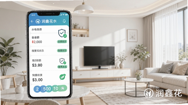 润鑫花智能缴费功能演示图，手机界面显示水电燃气缴费列表，包含金额和缴费状态标签，背景为干净明亮的室内场景，强调快捷和安全，图片中可看到润鑫花logo水印