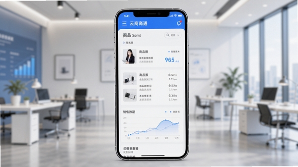 云商通软件主界面预览图，画面展示智能手机上的商户管理后台，背景为模糊的现代简约风格办公室，前景突出清晰的商品列表与销售数据图表，整体色调以蓝色和白色为主，科技感与商务感并存，竖版构图