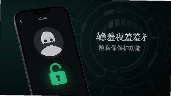 羞羞夜聊隐私保护功能展示图，手机界面显示匿名头像和加密锁图标，背景为墨绿色和黑色搭配，突出安全感和神秘感