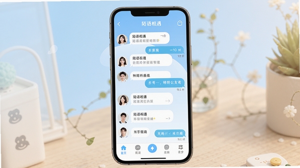 陌语相遇软件主界面预览图，展示其清新简洁的聊天列表和底部功能导航栏，背景为柔和的渐变蓝色，画面主体突出手机屏幕中的对话气泡和用户头像，整体风格明亮温暖，体现轻松交友氛围