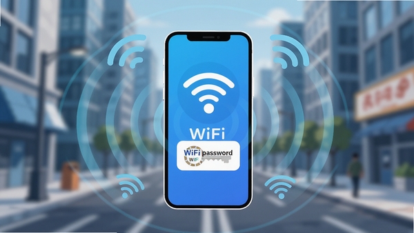 在现代化的城市街道背景中，一部智能手机屏幕显示WiFi密码钥匙应用界面，界面风格简洁清爽，主色调为蓝色和白色，手机周围环绕着柔和的光波和WiFi信号图标，象征着快速连接和网络覆盖，画面主体突出，光线明亮，背景虚化处理，整体为科技感十足的扁平插画风格