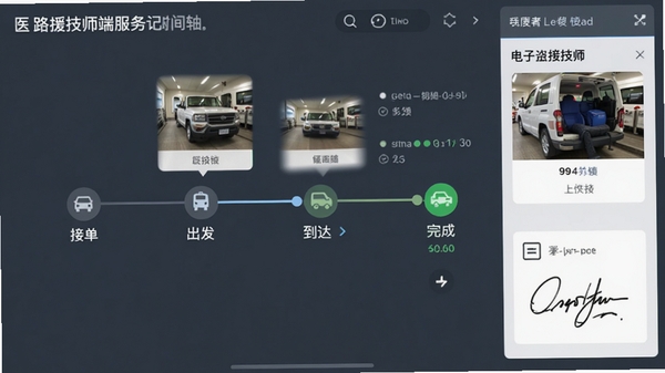 医路援技师端服务记录时间轴截图，展示接单、出发、到达、完成等节点状态，搭配照片上传和电子签名区域，整体界面整洁，功能分区明显。
