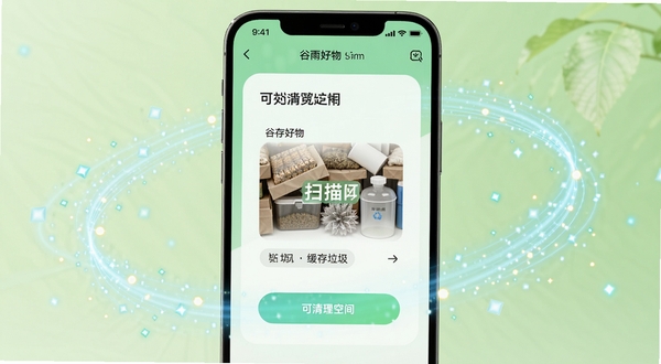 谷雨好物智能垃圾清理功能界面，手机屏幕显示扫描出的缓存垃圾和可清理空间，周围环绕代表数据清理的流动光点，背景为清新的浅绿色，突出干净、高效的视觉效果