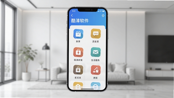 酷泮软件主界面预览图，展示生活服务分类图标，背景为现代简约风格，手机屏幕居中，色彩明亮清晰