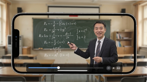 注册会计师软件视频播放界面，手机横屏显示老师讲课画面，画面上有公式推导，下方有进度条和倍速选项，背景为教室风格，光线柔和，突出教学氛围