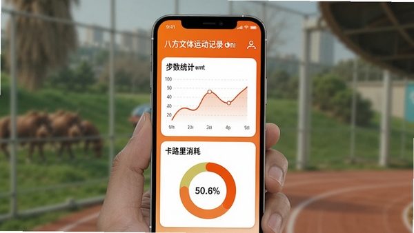 八方文体运动记录功能展示，显示步数统计折线图、卡路里消耗环形图，背景为活力橙色，手机界面简洁大方