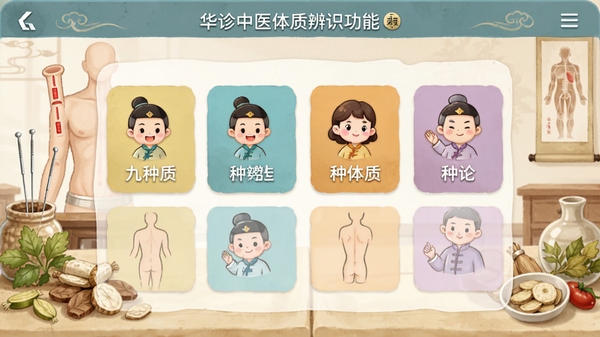 华诊中医体质辨识功能截图,屏幕显示九种体质类型的选择界面,每种体质配有对应的中医卡通图标和颜色区分,背景为中医诊室风格的插画,有针灸、草药等元素,整体色调淡雅,突出专业与细致