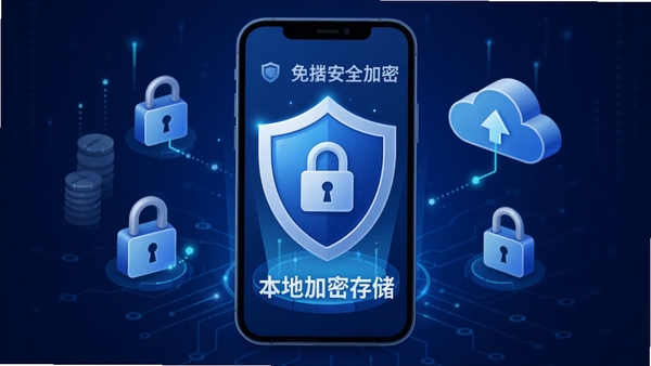 记账免费数据安全加密示意图，一个盾牌图标位于手机屏幕中央，周围有锁头和云朵图案，背景为深蓝色科技感渐变，文字标注“本地加密存储”，整体风格安全可靠