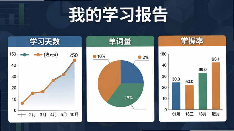 疯狂学单词数据统计图表，包括折线图、饼图、柱状图，展示学习天数、单词量、掌握率，顶部有“我的学习报告”标题，颜色搭配专业商务风，Boogu 绘制