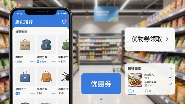 惠物选主界面预览图,展示首页推荐商品、优惠券领取入口和附近商家列表,整体风格清新明亮,背景为模糊的超市货架,前景为手机屏幕特写,商品图片清晰,界面图标简洁,色彩以蓝白为主,现代扁平化设计