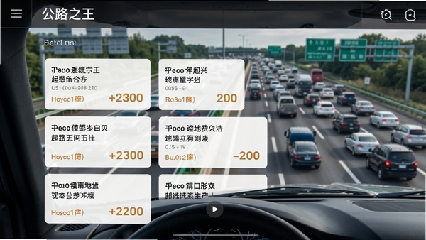 公路之王司机端货源列表界面，显示多条货物信息卡片，包含起止地点和运费，背景为繁忙的高速公路，画面清晰写实