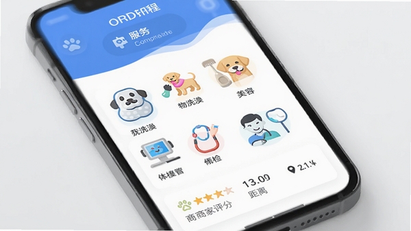 喵汪派服务预约流程展示图，画面展示手机屏幕上的服务列表，有宠物洗澡、美容、体检等图标，下方显示商家评分和距离，背景为简洁的浅灰色，界面风格商务清爽