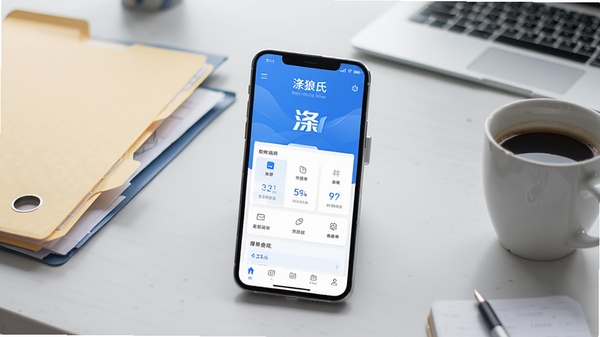 一张展示涤狼氏软件核心功能的预览图，画面中央是一部现代智能手机，屏幕亮起显示涤狼氏的主界面，界面风格简洁清新，以蓝色和白色为主色调，背景为浅灰色的工作台，桌面上散落着几个文件夹和一杯咖啡，整体光线明亮柔和，突出软件的专业与易用性，符合软件下载站配图风格