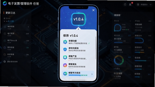 电子发票税务管理软件更新日志的界面预览图，背景为深色主题，中央有一个手机样式的弹窗，上面列出了v1.0.4版本的新增功能和修复条目，上方有版本号图标，整体风格科技感强，色彩对比鲜明。