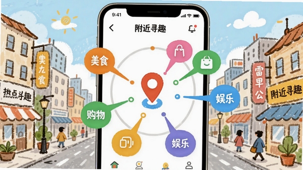 附近寻趣的周边热点雷达功能预览图,以手机应用界面为主体,中心为定位图标,向外辐射出美食、购物、娱乐等彩色标签点,背景为手绘风格的城市街道插画,整体风格清新活泼,强调发现与探索的感觉