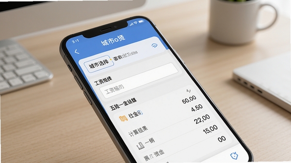 社保医保手机计算软件主界面预览图，手机屏幕显示城市选择、工资输入框和五险一金计算结果明细，背景为简约办公桌面，光线柔和，界面元素清晰，整体风格写实，适配Boogu模型生成