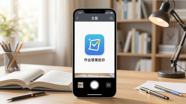 作业答案批改软件主界面展示,手机屏幕显示拍照批改作业场景,桌面摆放书本和文具,背景为明亮书房,整体风格清晰自然,突出学习氛围,画面主体为手机界面,包含作业答案批改logo,细节丰富,高清渲染
