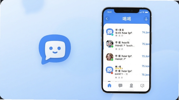 一款名为喝喝的手机社交软件主界面预览图，界面简洁清爽，以蓝白为主色调，展示有聊天列表和底部导航栏，画面中央偏左位置有一个聊天气泡图标，背景为柔和的渐变色，整体风格现代且友好