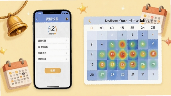 阿拉丁许愿智能提醒与打卡功能预览，展示提醒设置界面和日历打卡热力图，画面温馨，带有铃铛和日历元素，浅黄色背景，手机居中展示，清晰易读