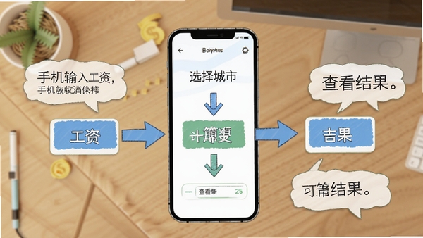 社保医保手机计算操作流程图解，手机屏幕显示步骤指示箭头，从选择城市到输入工资再到查看结果，背景为简洁桌面，配有文字气泡说明，插画风格，适配Boogu模型生成
