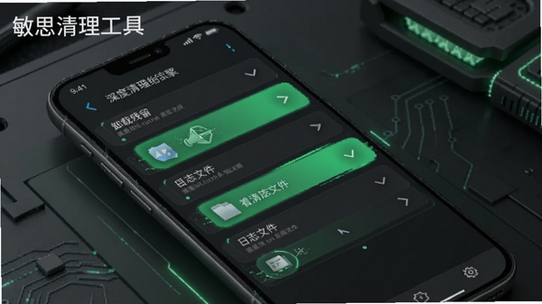 敏思清理工具深度清理引擎工作场景,手机屏幕显示深度扫描结果,包含卸载残留、日志文件等,背景为深灰色调,搭配绿色高亮显示可清理项目,画面富有科技感,突出深度清理的强大能力,左上角有“敏思清理工具”水印标识,适配Boogu模型生成。