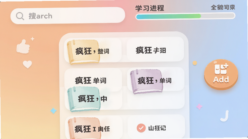 疯狂学单词的全貌展示,主界面以卡片式单词列表为中心,背景为柔和的渐变色,上方有搜索栏和学习进度条,右侧漂浮着添加单词的按钮,整体风格明亮友好,适配Boogu模型生成