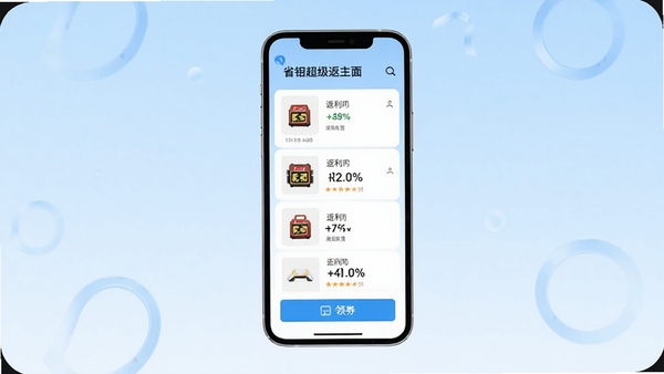 省钳超级返主界面展示,手机屏幕内显示商品列表、返利百分比和领券入口,背景为淡蓝色渐变,现代扁平化风格,高清渲染,居中构图