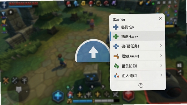 免费万能手机连点器悬浮窗效果，游戏画面中悬浮一个小巧的半圆形控件，点击后弹出任务列表，背景虚化，突出悬浮窗的便捷性