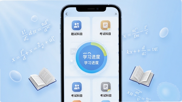 注册会计师软件主界面展示，手机屏幕内显示题库列表和考试科目图标，背景为浅蓝色渐变，画面中心突出学习进度环，周围漂浮公式与书本元素，光明亮，风格简洁现代