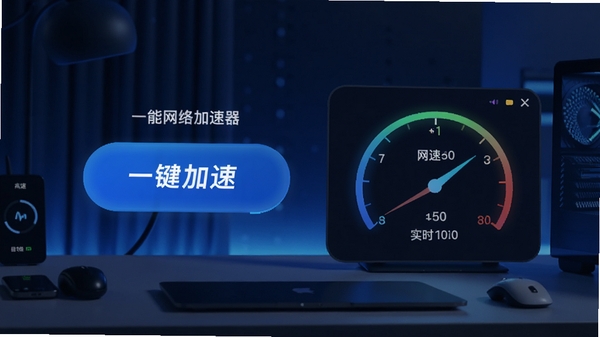 全能网络加速器主界面预览图，展示一键加速按钮与实时网速监控仪表盘，背景为现代简约风格智能设备桌面，色调以深蓝与科技蓝为主，强调高速与稳定感