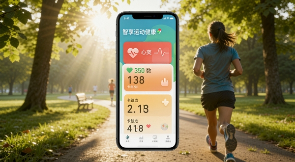 智享运动健康app主界面展示，手机屏幕内显示步数、心率、卡路里等运动数据卡片，背景为清晨公园跑步场景，阳光透过树叶洒落，画面清晰明亮，突出健康生活理念，风格写实，适合软件预览图使用