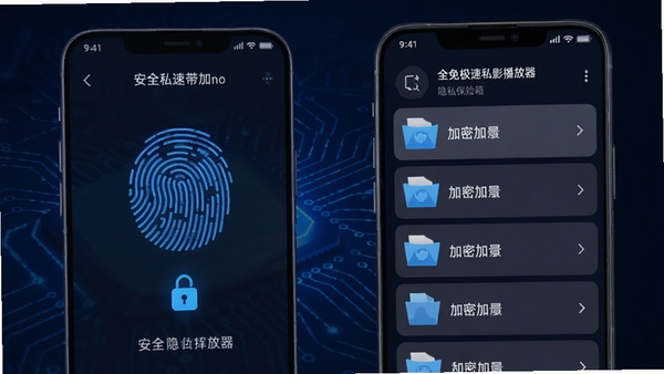 全免极速私影播放器隐私保险箱功能界面,手机屏幕显示指纹解锁图案和加密文件列表,背景为深蓝色科技感,强调安全感和私密性。