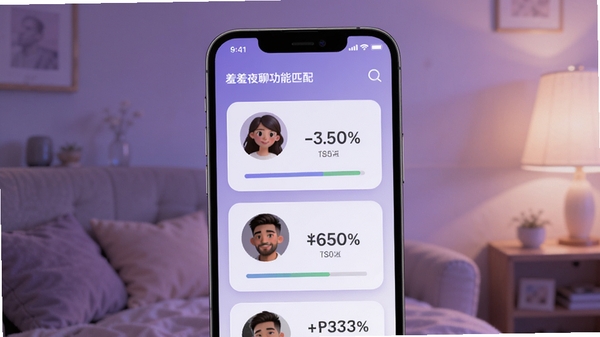 羞羞夜聊智能匹配功能示意图，手机界面显示多个用户头像卡片，带有匹配度百分比，背景为柔和紫色渐变，画面温馨现代