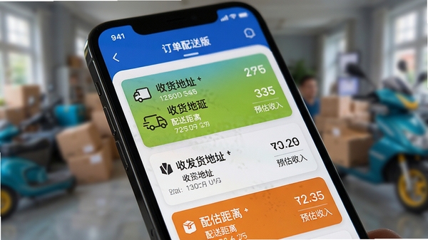 冲达配送版APP的订单聚合界面特写，画面聚焦于手机屏幕上的订单卡片列表，每张卡片清晰展示着收发货地址、配送距离和预估收入，背景虚化，突出信息层次感，色彩鲜明，营造出高效、直观的视觉体验