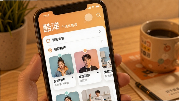 酷泮个性化推荐界面，展示智能排序和自定义功能，背景为暖色调，手机屏幕显示设置选项和推荐卡片