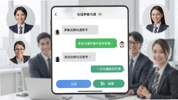 笋象优聘在线聊天沟通界面示意图，展示简洁的对话窗口和功能按钮，背景搭配职场人物头像，突出快速沟通与高效反馈的特点