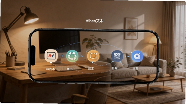 Aiben艾本智能场景切换概念图,手机屏幕内显示不同时间段的图标切换动画,背景为办公桌与客厅融合的过渡场景,暖色调灯光,画面具有科技感与生活气息,突出Aiben艾本字样