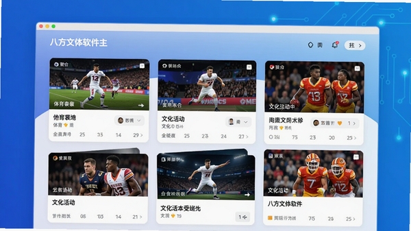 八方文体软件主界面预览图，展示首页聚合的体育赛事与文化活动卡片，背景为渐变色科技蓝，界面元素清晰，现代感强