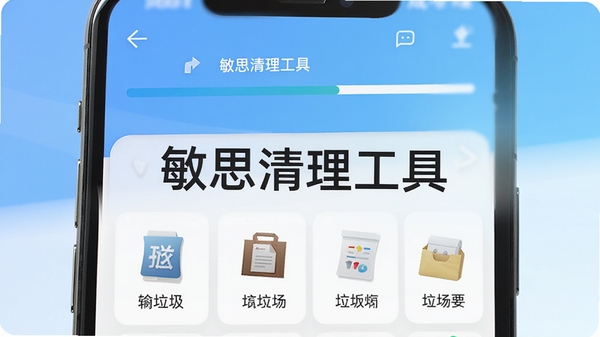 敏思清理工具主界面预览图,手机屏幕显示清理进度条和各类垃圾文件图标,背景为清爽的蓝白渐变色调,整体风格简约明亮,突出清理工具的高效与便捷,画面中央显示“敏思清理工具”字样,细节丰富,适配Boogu模型生成。