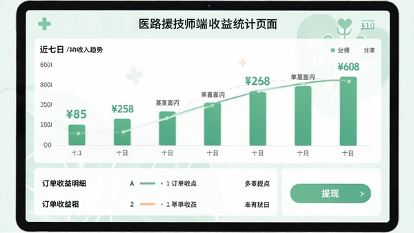 医路援技师端收益统计页面设计图，柱状图展示近七日收入趋势，下方列出订单收益明细和提现按钮，背景为淡绿色健康风格，数字醒目。