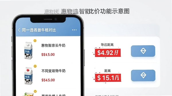 惠物选智能比价功能示意图,手机屏幕上显示同一款牛奶在不同超市的价格对比列表,价格用红色突出显示,左侧有商品缩略图,右侧有距离和导航按钮,背景为简洁的浅灰色,突出数据对比