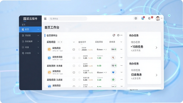 国采云软件主界面预览图,展示首页工作台、采购项目列表、待办任务卡片,背景为浅蓝色科技感渐变,界面风格简洁商务,突出移动端办公场景