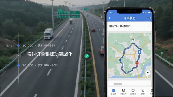 鑫运拉订单跟踪功能展示图，手机屏幕上显示订单状态时间轴和地图轨迹，背景为高速公路场景，画面简洁，强调实时监控与透明化
